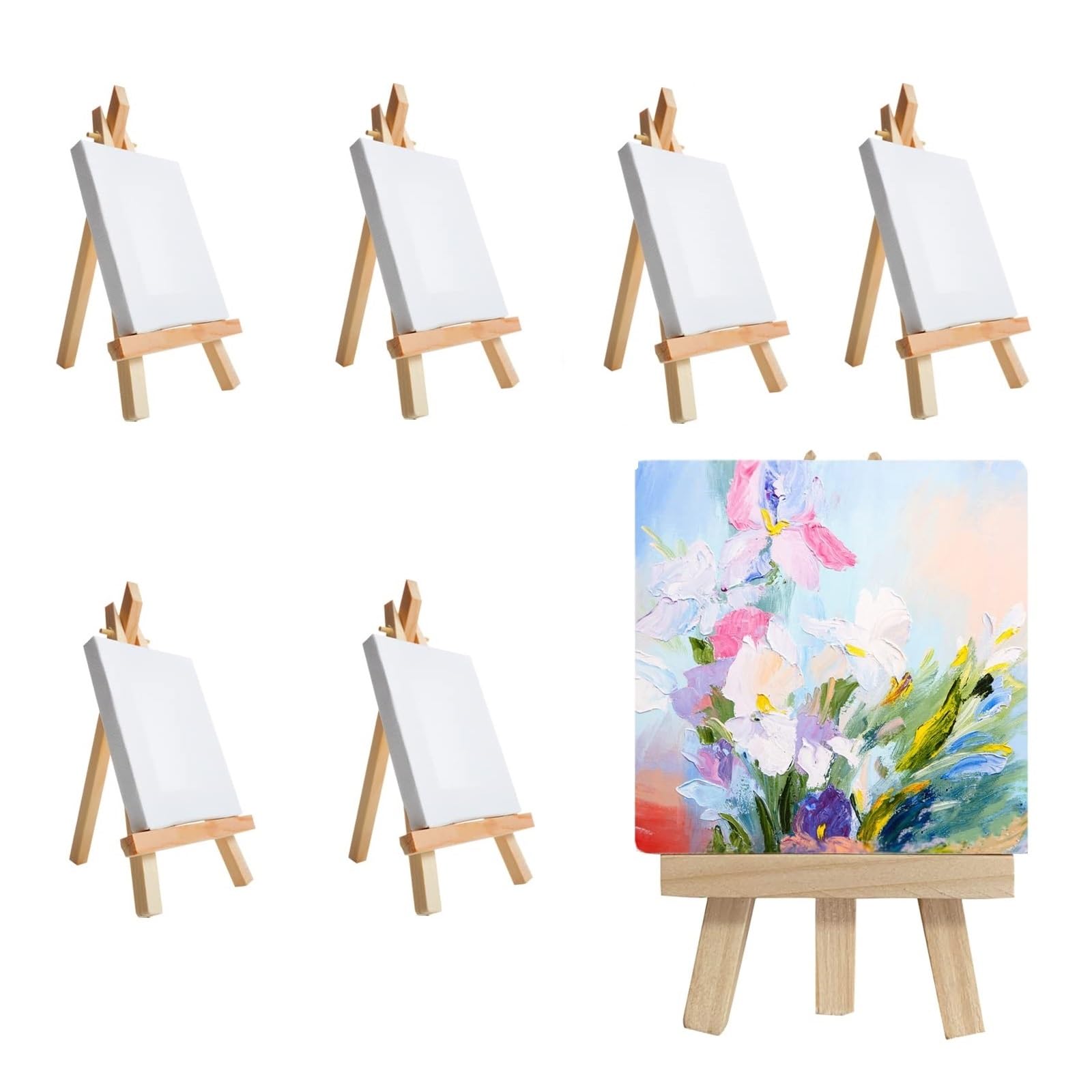 4 x 4 Inch Mini Canvases Panels for Painting with Mini Easel Small Art Painting Canvases Sets with Wood Display Easel for Kids Craft Pouring Oil Water Color Supply School Easter Day Craft (6)