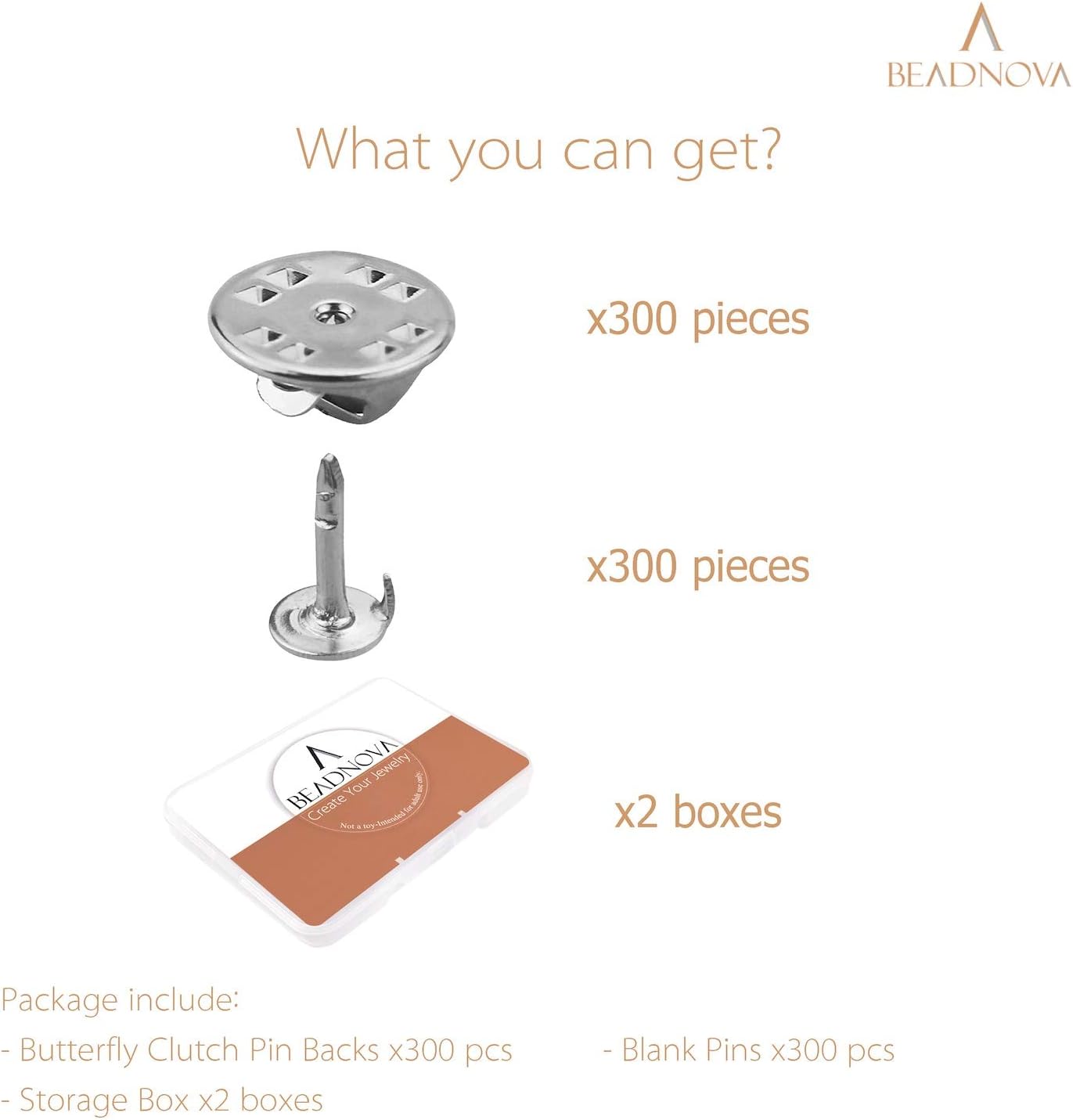 BEADNOVA 300 Pairs Butterfly Pin Backings Clutch Tie Tacks Lapel Pin Backs Enamel Pin Backs Blank Pins with Pin Backs (Silver, 300 Sets)