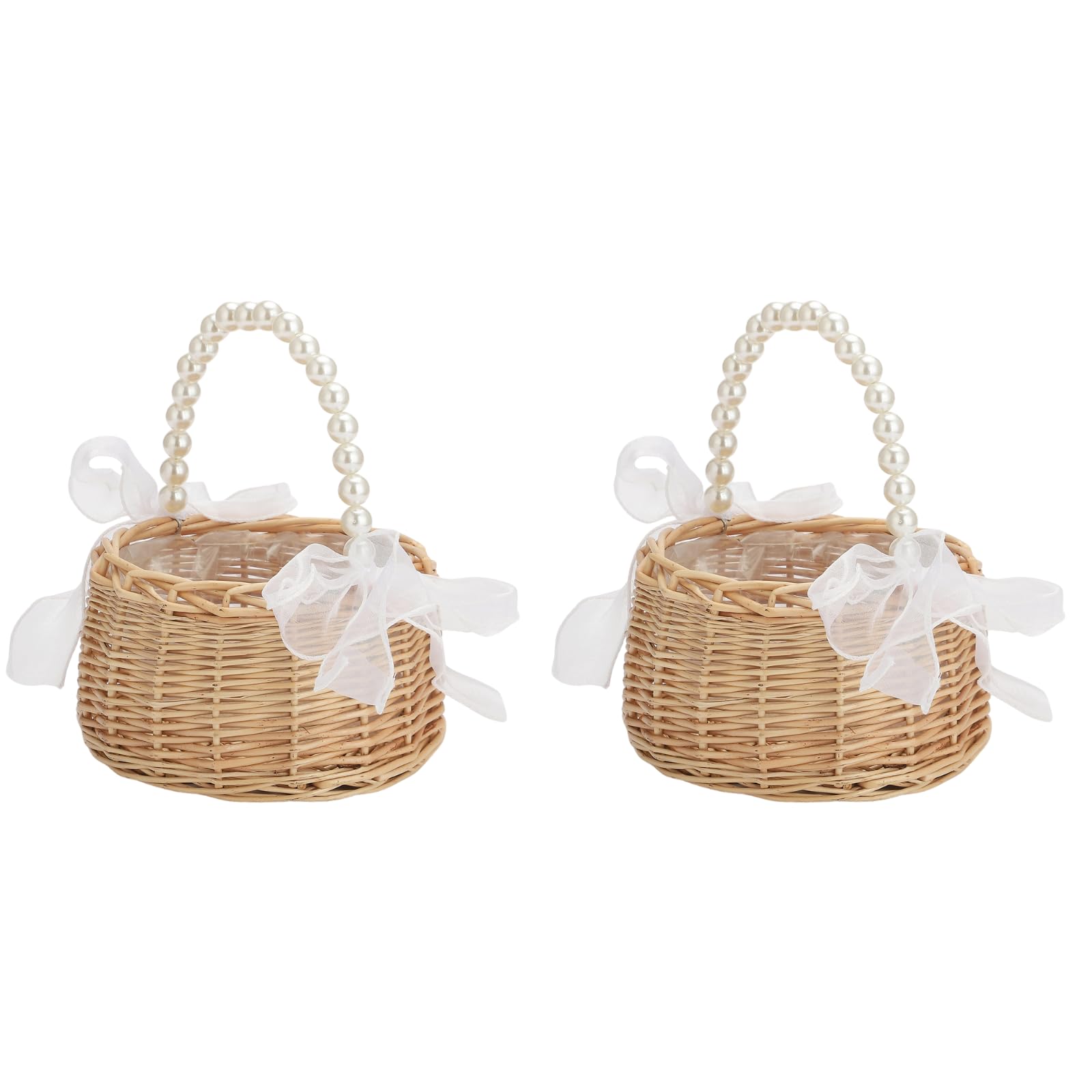 BETAULIFE Wicker Rattan Flower Girl Basket With Bows,Pearl Handle Flower Basket,Wedding Flower Girl Basket And Home Decorations. (1