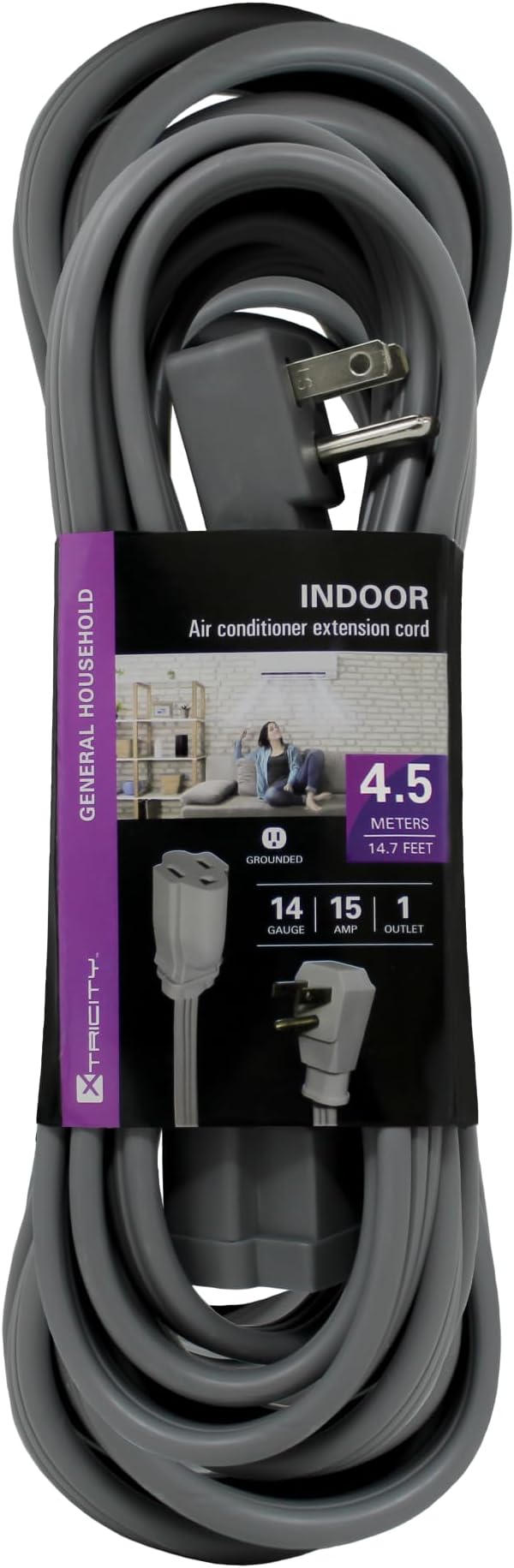 15 FT Heavy Duty Air Conditioner and Appliance Extension Cord, 14 Gauge, 15 Amp, ETL Listed, Grey
