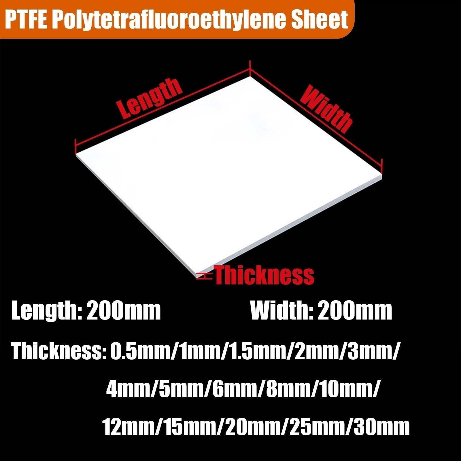 Arkuszy teflonowych PTFE 200×200mm, z pierwotnego PTFE, 0,5–30mm | Odporne na ciepło i chemikalia uszczelki, izolacje i łożyska(200x200x12mm)