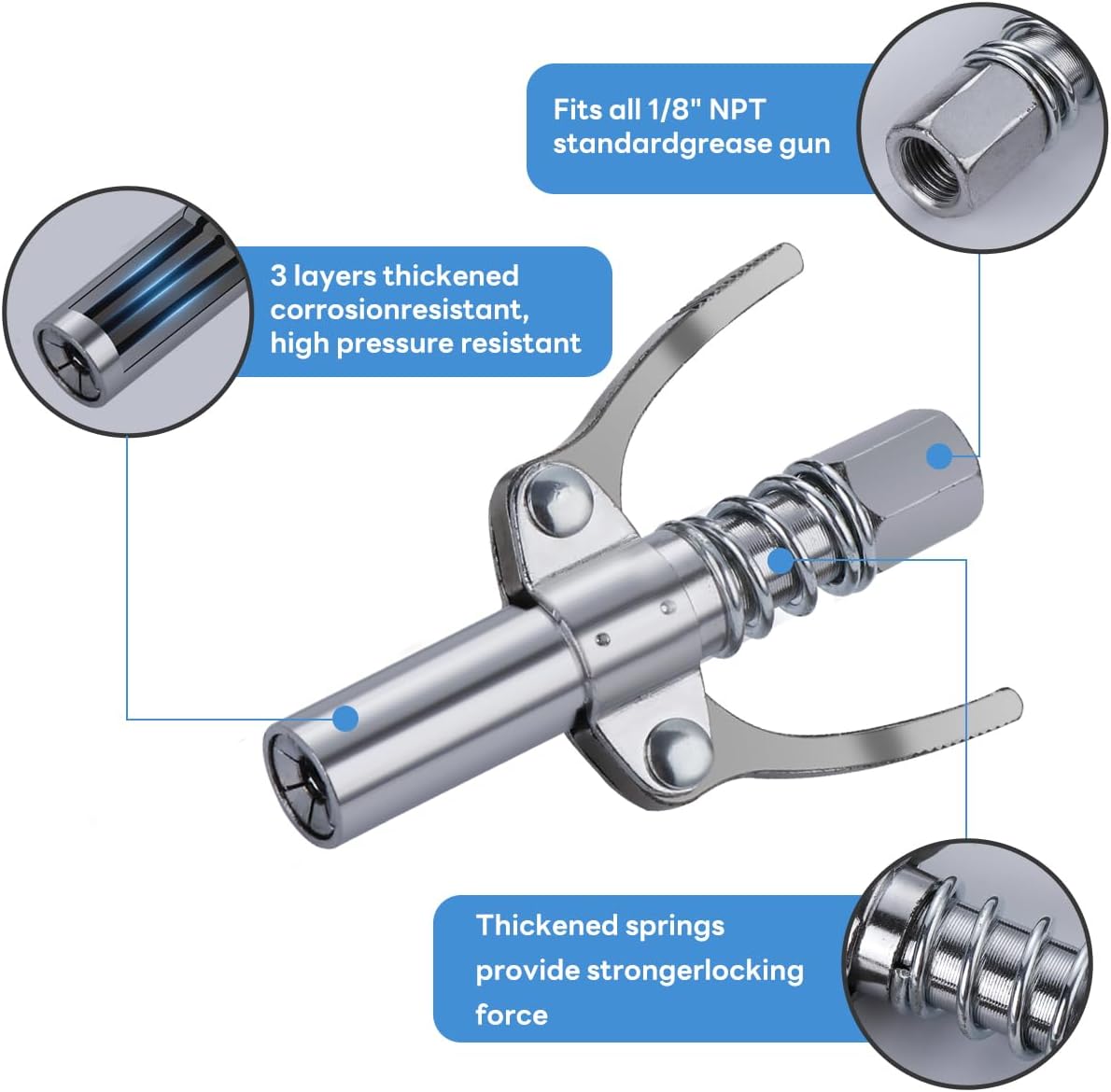 Grease Gun Coupler, Double Handle Grease Nozzle Coupler, 10000 PSI, Compatible with All Grease Gun 1/8" NPT end Fittings