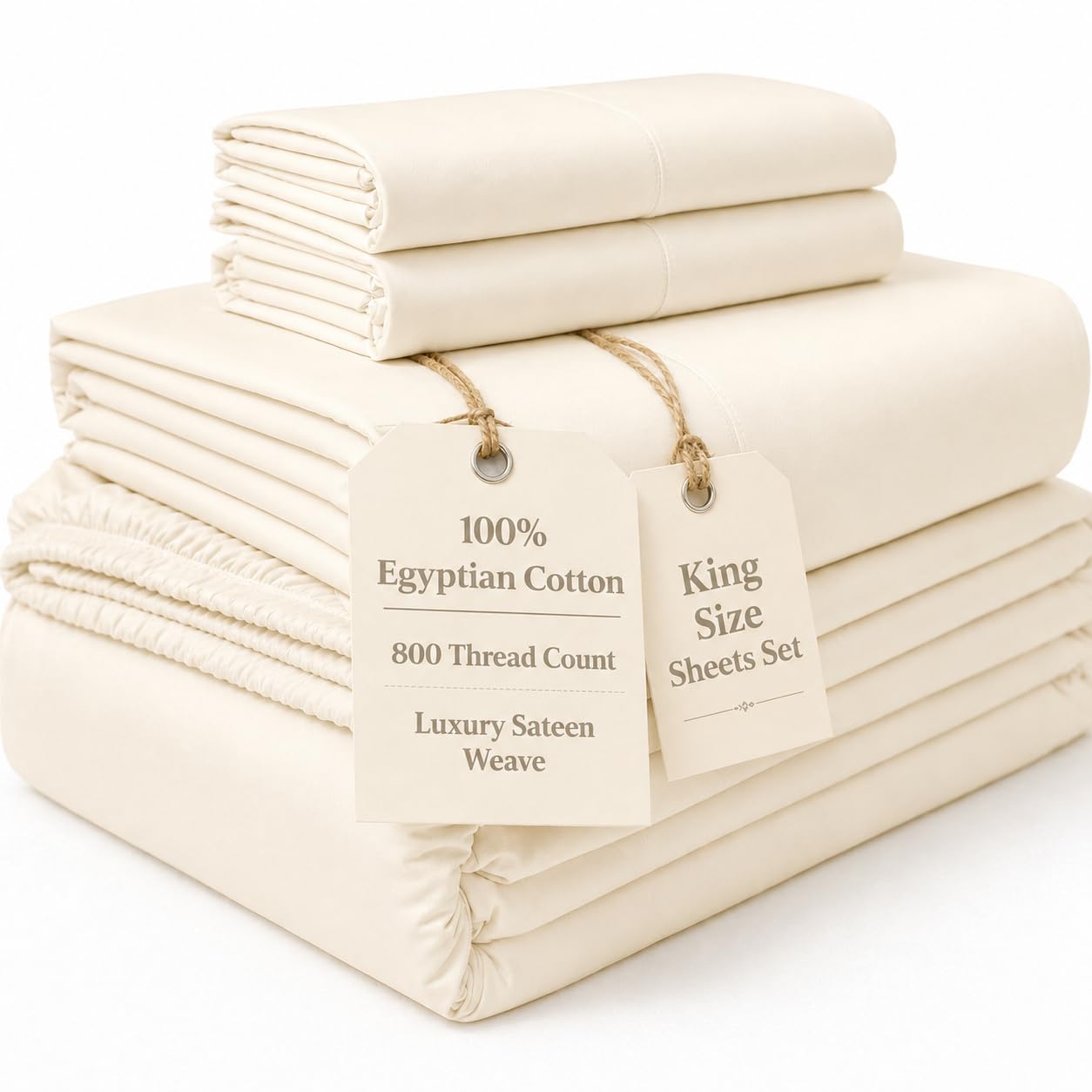 Chateau Home Collection - Parure de lit en Coton égyptien 800 Fils avec Poche Profonde en Satin, Coton, Ivoire, King