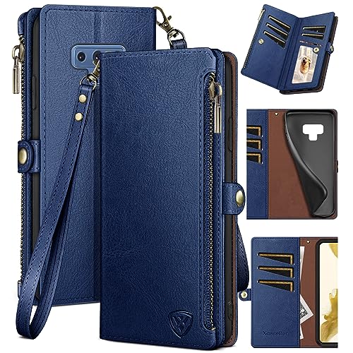 XcaseBar for Samsung Galaxy Note 9 Wallet case with Zipper Credit Card Holder?RFID Blocking?, Flip Folio Book PU Leather Phone case Shockproof Cover Women Men for Samsung Note9 case Blue