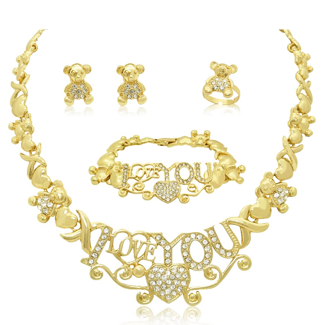 SUVAN JEWELRYXOXO Women's Jewelry Necklace Set India Africa Dubai Bride Wedding Prom Fashion Jewelry 18K Gold Plated Necklace Bangles Rings Earrings 4 Piece Set, Rhinestone