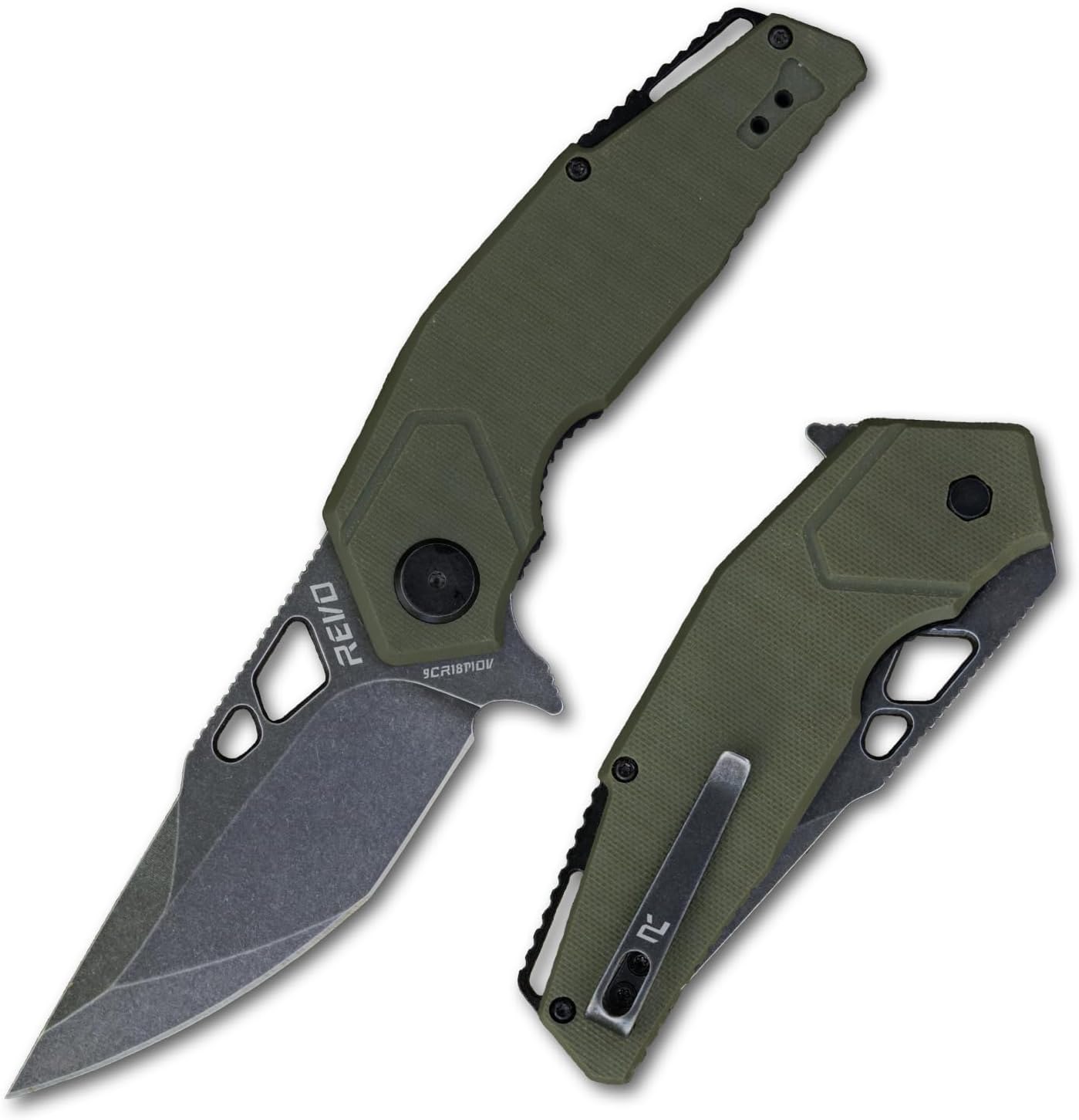 REVO Berserk REV2 - Gray, 3.875" Engineered Stainless Steel with G10 Scale Handle, Flipper Tab Open Ball Bearing Pivot System, Heavy Duty Blade with EDC Grind, Reversible Pocket Clip Tactical Knife