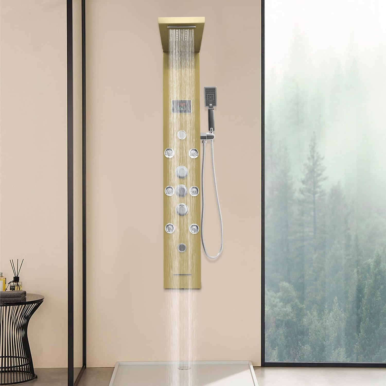 Smart LED Shower Panel System, 6-in-1 Wall Mounted Shower Mechanism, Full Body Massage Shower with Rainfall Waterfall Handheld Spray, LED Temperature Display for Home Bathrooms Hotels