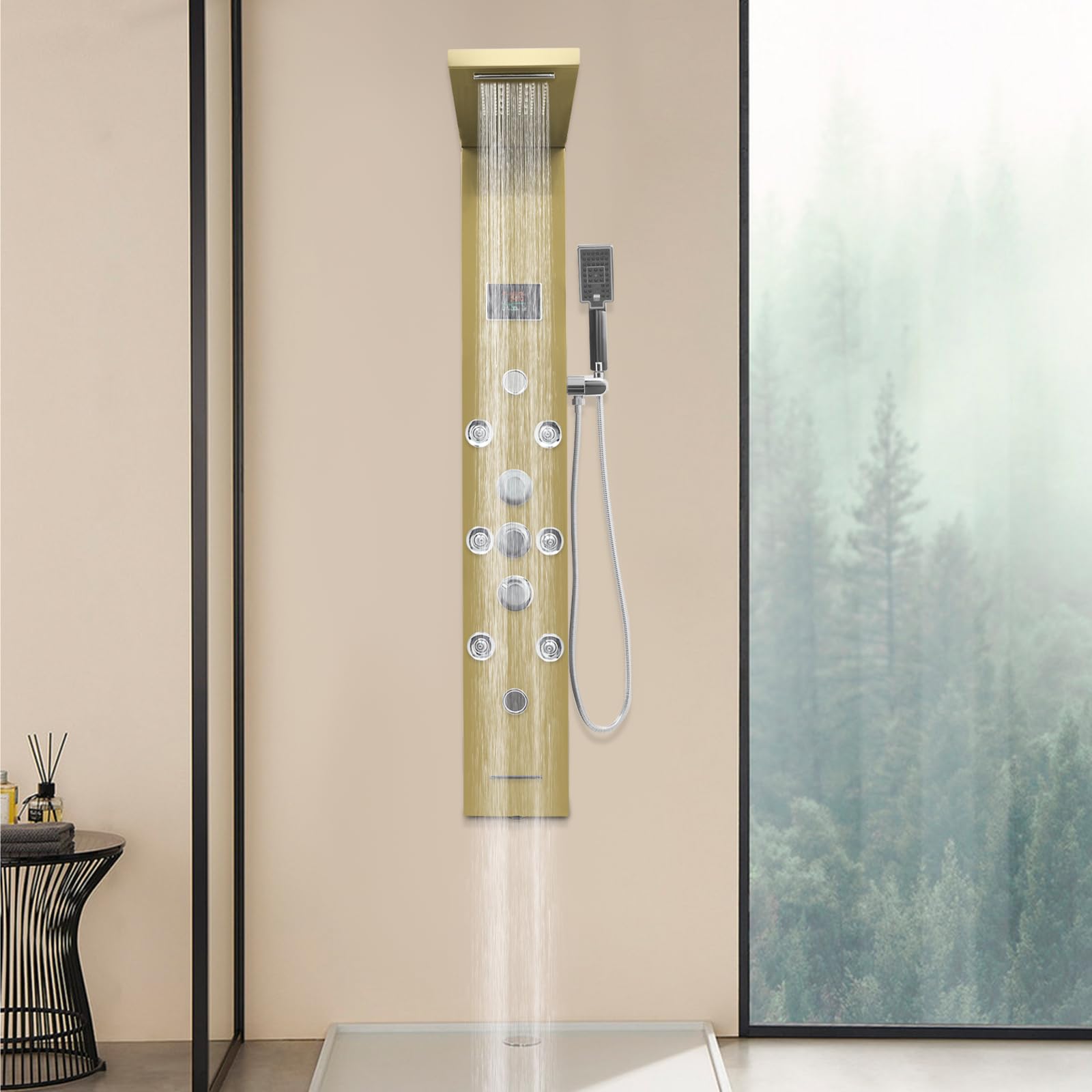 Pannello doccia per bagno, colonna doccia, 6 in 1, pannello doccia a LED, in acciaio inox 304, a cascata e a pioggia, ugelli massaggianti, indicatore di temperatura, montaggio a parete, oro