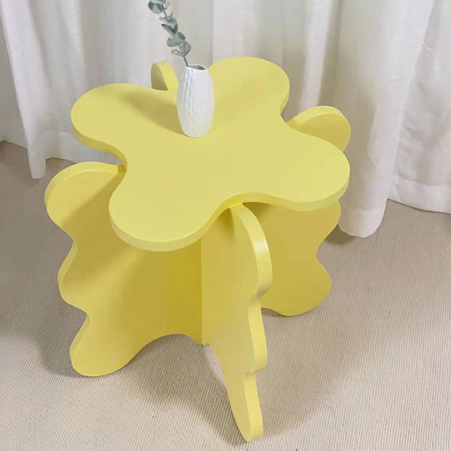 Side Table/End Table,Mini Petal Coffee Table Cartoon Solid Wood Wave Simple Bedroom Bedside Colored Small Table,Yellow
