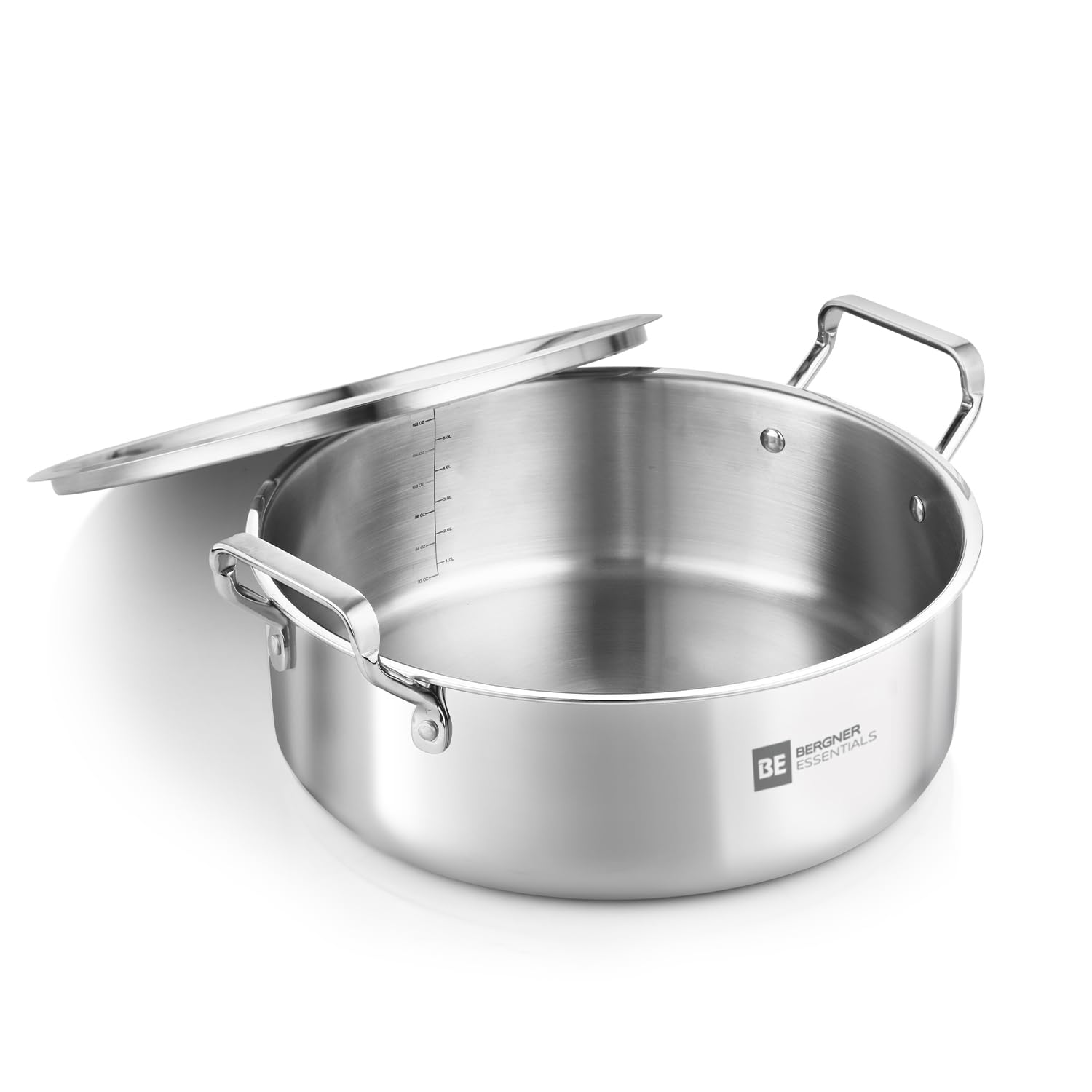 Bergner BE Bergner Essentials TriPly Stainless Steel 32 cm Shallow Biryani Pan with Stainless Steel Lid, Capacity 8.6 L, Shallow Tope/Langri for Biryani, Induction & Gas Compatible, 5-Year Warranty