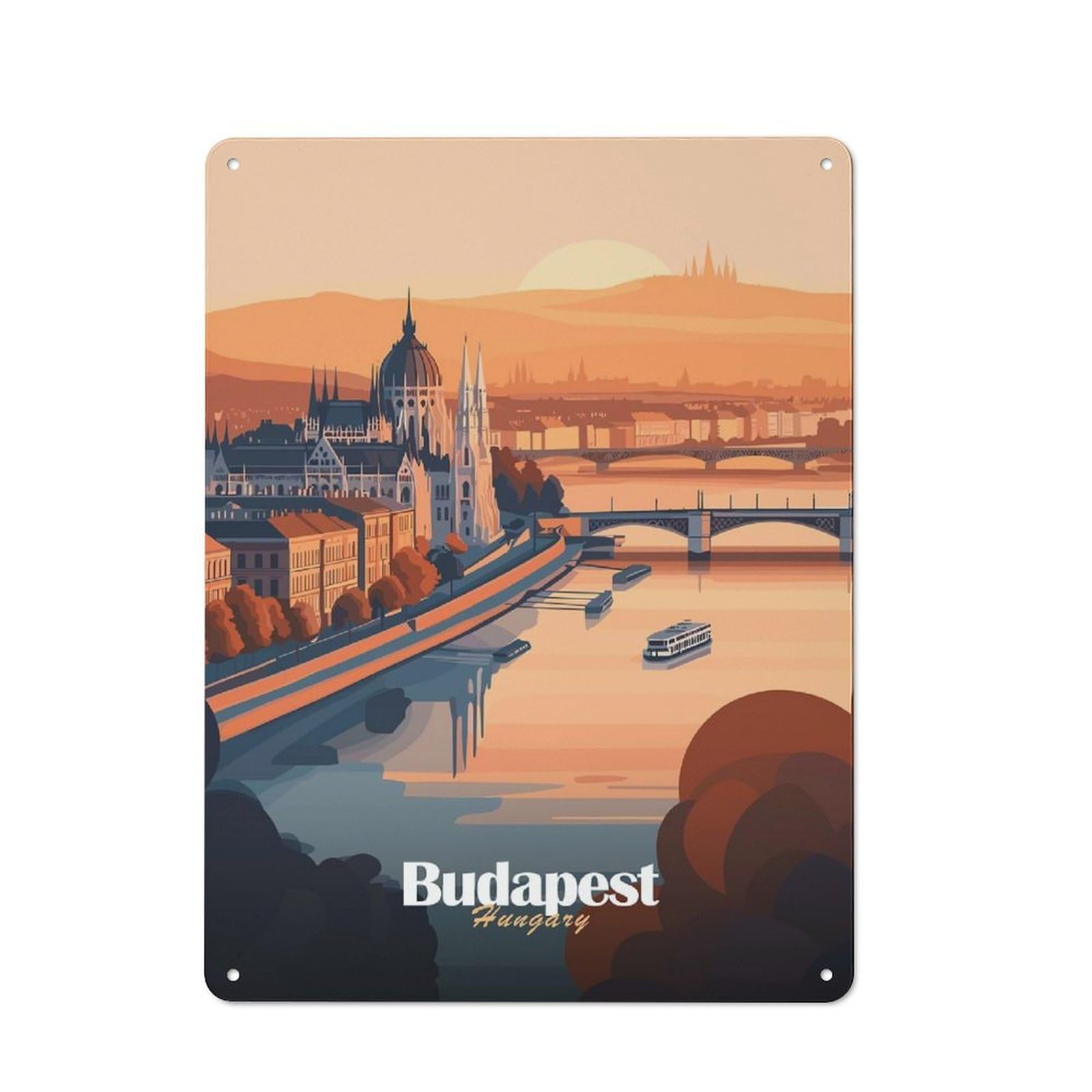 Junmoney Style-24 Budapest Cityscape Sunset Tin Wall Plaque 40X30cm, Barn Style Rustic Kitchen Decor For Farmhouse Kitchen, Pantry Or Dining Area
