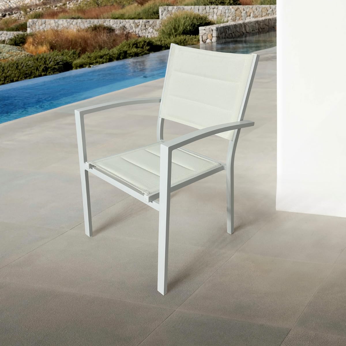 MOMMA HOME Pack 4 Sillas Terraza Exterior - Jardin Acolchadas con Reposabrazos, Material Textiline y Aluminio, Color Blanco, Medidas 87,5 x 56,5 x 57,5 cm
