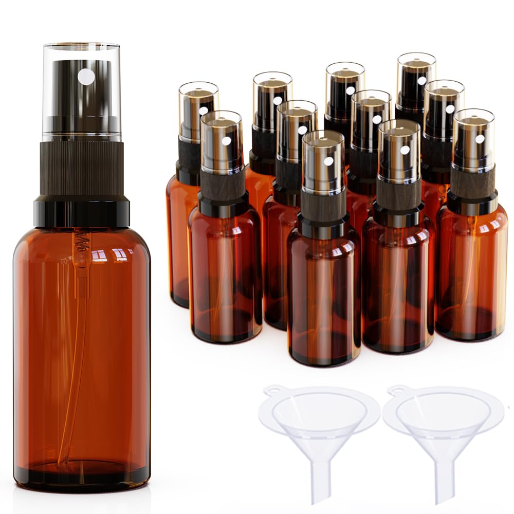 Jagolain 1oz 12pack Mini Amber Glass Spray Bottles With Black Pump, Empty Refillable Small Spray Bottles with Fine Mist Sprayer,For Essential Oils, Hair Oil, Skin Care,Cleaning, Etc. (1oz 12pack)