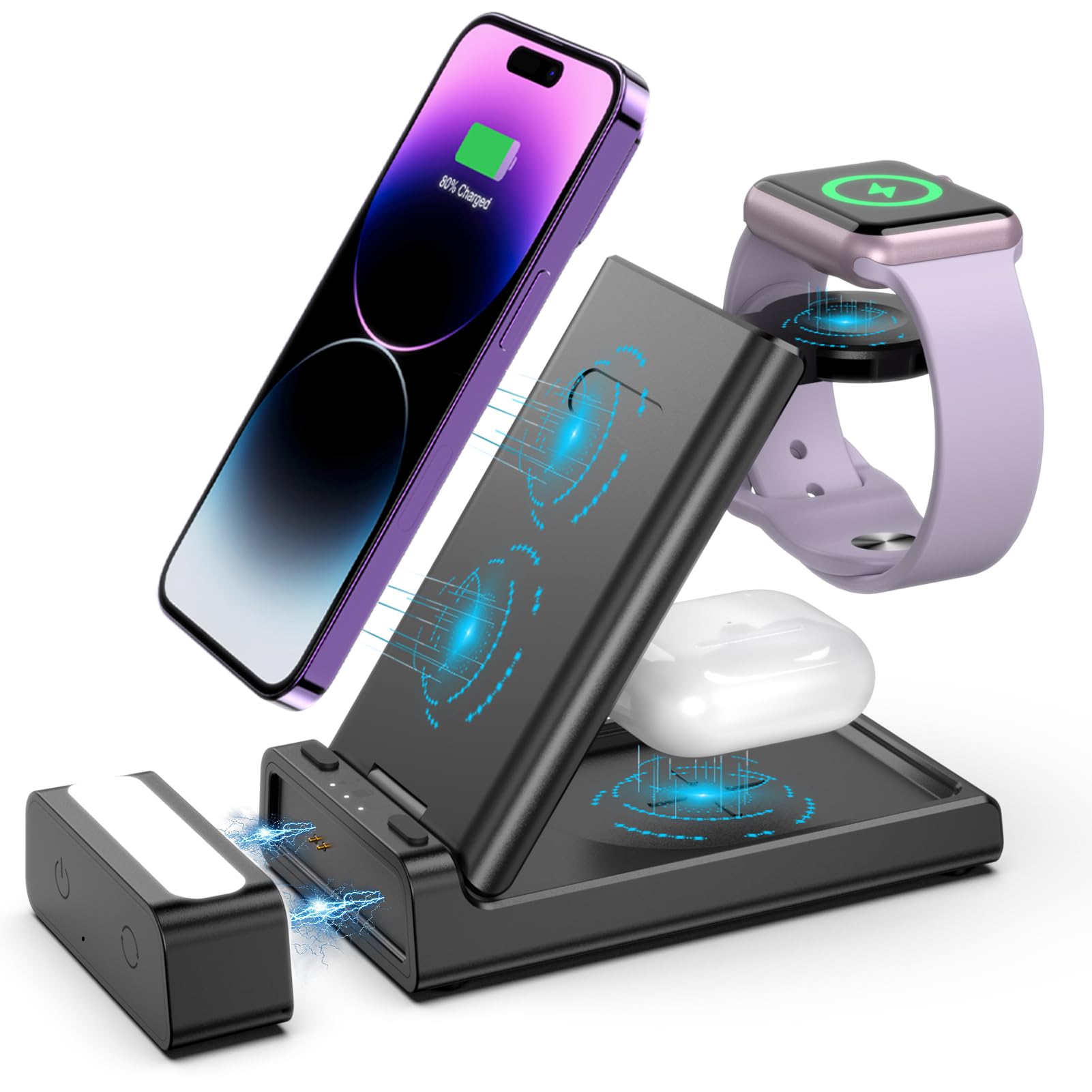 Wireless Charging Station for Apple Devices, 3 in 1 Charging Station Apple with Book Light, Portable iPhone Wireless Charger for iPhone 15 Pro Max/14/13, Air Pods, iWatch, Travel Charger Essentials