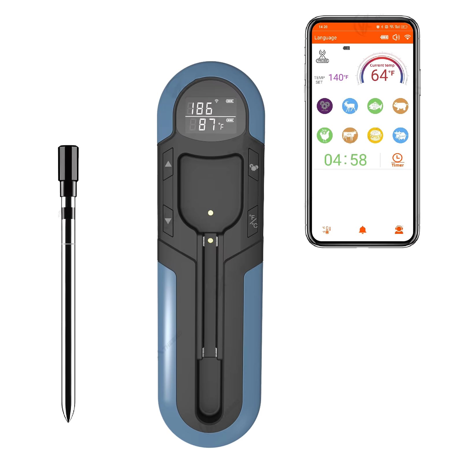 Thermomètre à viande sans fil, thermomètre à viande sans fil Bluetooth intelligent avec commandes APP et étanche IP66, thermomètre de cuisson numérique de portée 500 pieds, thermomètre alimentaire