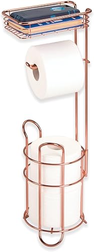 mDesign Soporte y dispensador de papel higiénico de metal de acero con estante de almacenamiento, papel higiénico para baños, baño, capacidad para 2