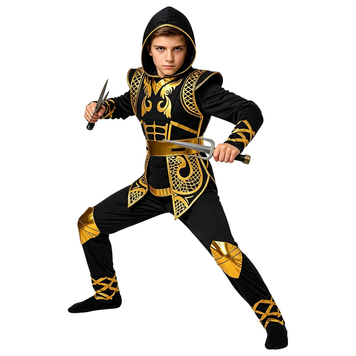 Kostium Ninja dla dzieci, złoty kostium na karnawał, Halloween, kostium karnawałowy z akcesoriami dla chłopców, dziewcząt, dzieci