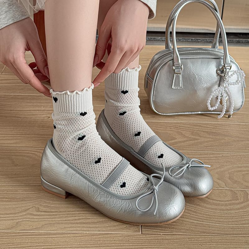 Women's Lace Heart Mesh Socks, Ruffle Top Mid-Calf Summer Sock, Breathable Cute Love Pattern Crew Socks for Casual Outfits2