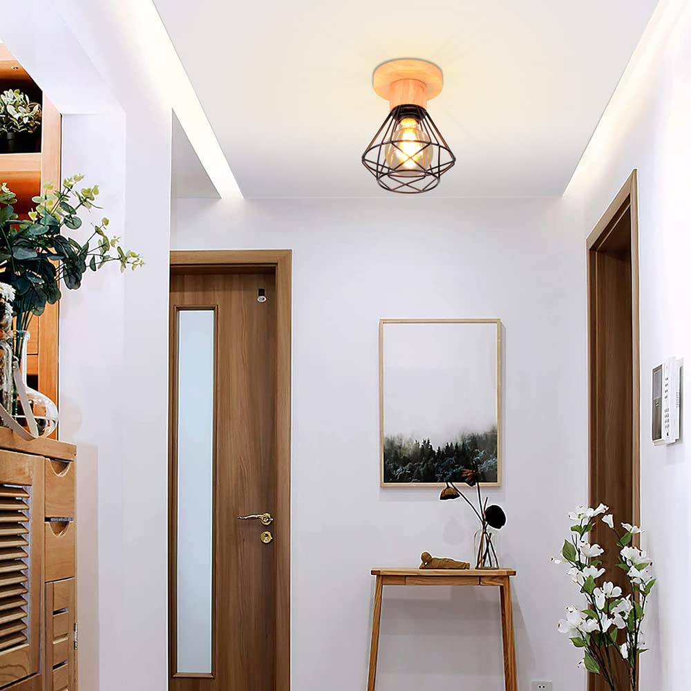 iDEGU Zestaw 2 lamp sufitowych przemysłowych, 16 cm Vintage E27 Retro żyrandol wisząca z żelaza i drewna Klatka Design Czarna lampa sufitowa do wejścia do przedpokoju sypialni kuchni