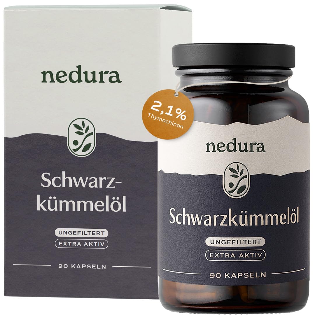nedura® Schwarzkümmelöl Kapseln extra aktiv - 90 Stück in veganer Kapsel - Schwarzkümmel mit sehr hohem Thymochinongehalt aus Äthiopien - in eigener Deutscher Manufaktur kaltgepresst