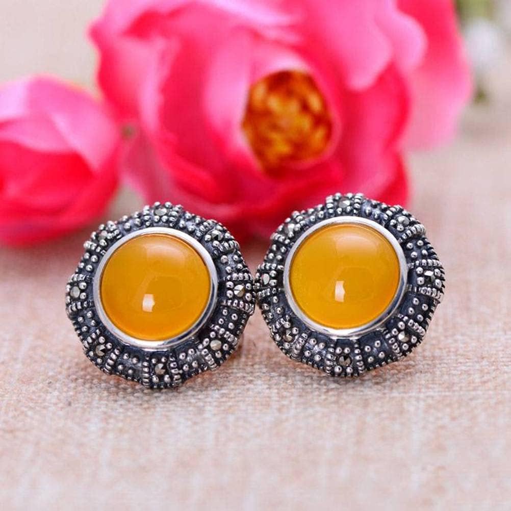 Ear925 Sterling Silver Jewelry Vintage Thai Silver Ear Stud Earclassical Female Ear Buckle/Yellow Chalcedony