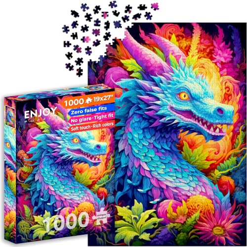 Puzzle 1000 pièces pour Adultes - Portrait d'un Dragon Bleu dans Un Jardin Fantastique | Finition Mate antireflet | Puzzle Amusant et exigeant | 68 x 48 cm | Cadeau Original | Enjoy