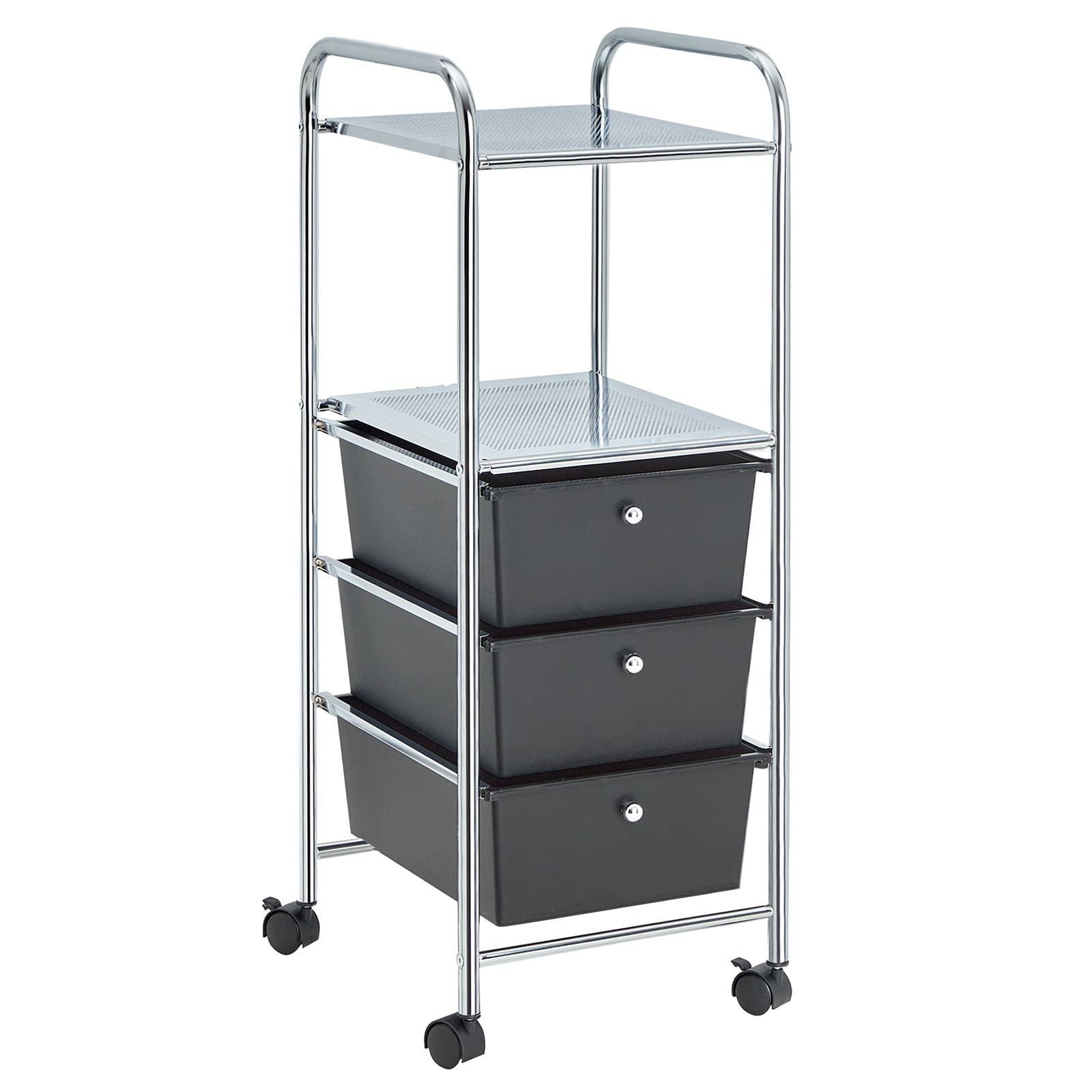 IDIMEX Caisson sur roulettes GINA Chariot avec 3 tiroirs en Plastique Noir et 2 étagères, Meuble de Rangement pour Salle de Bain en métal chromé