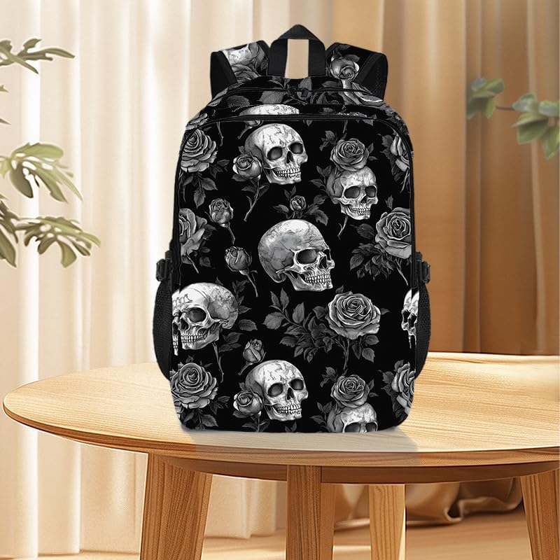 Gothic Skull & Rose Backpack With Adjustable Straps Multi-Functional Daypack For Laptop, Travel, Hiking & Daily Use