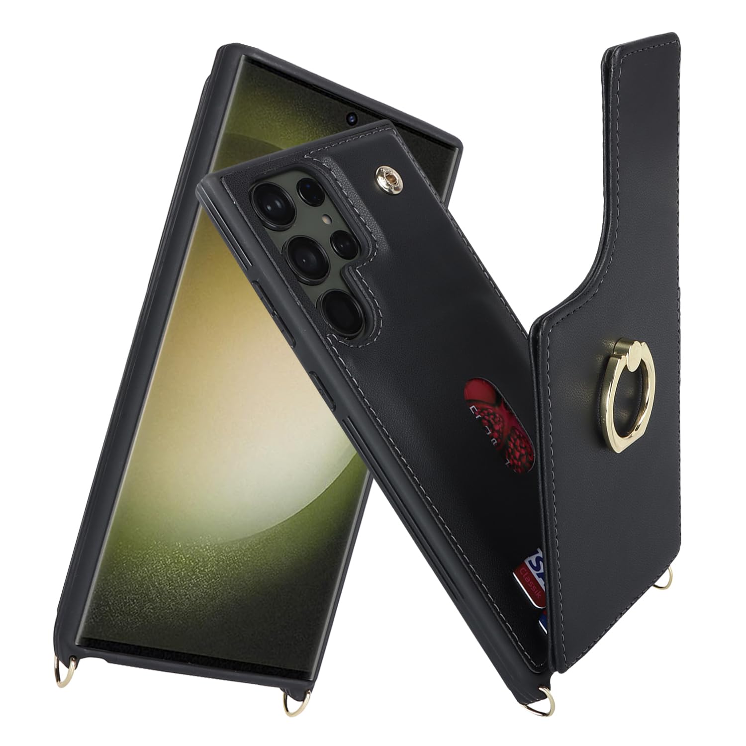 Lipvina for Samsung Galaxy S23 Ultra Case with Card Holder and Strap for Women,Crossbody Lanyard,Ring Stand,Snap Clasp,Phone Wallet Cases 6.8 inch(Black)