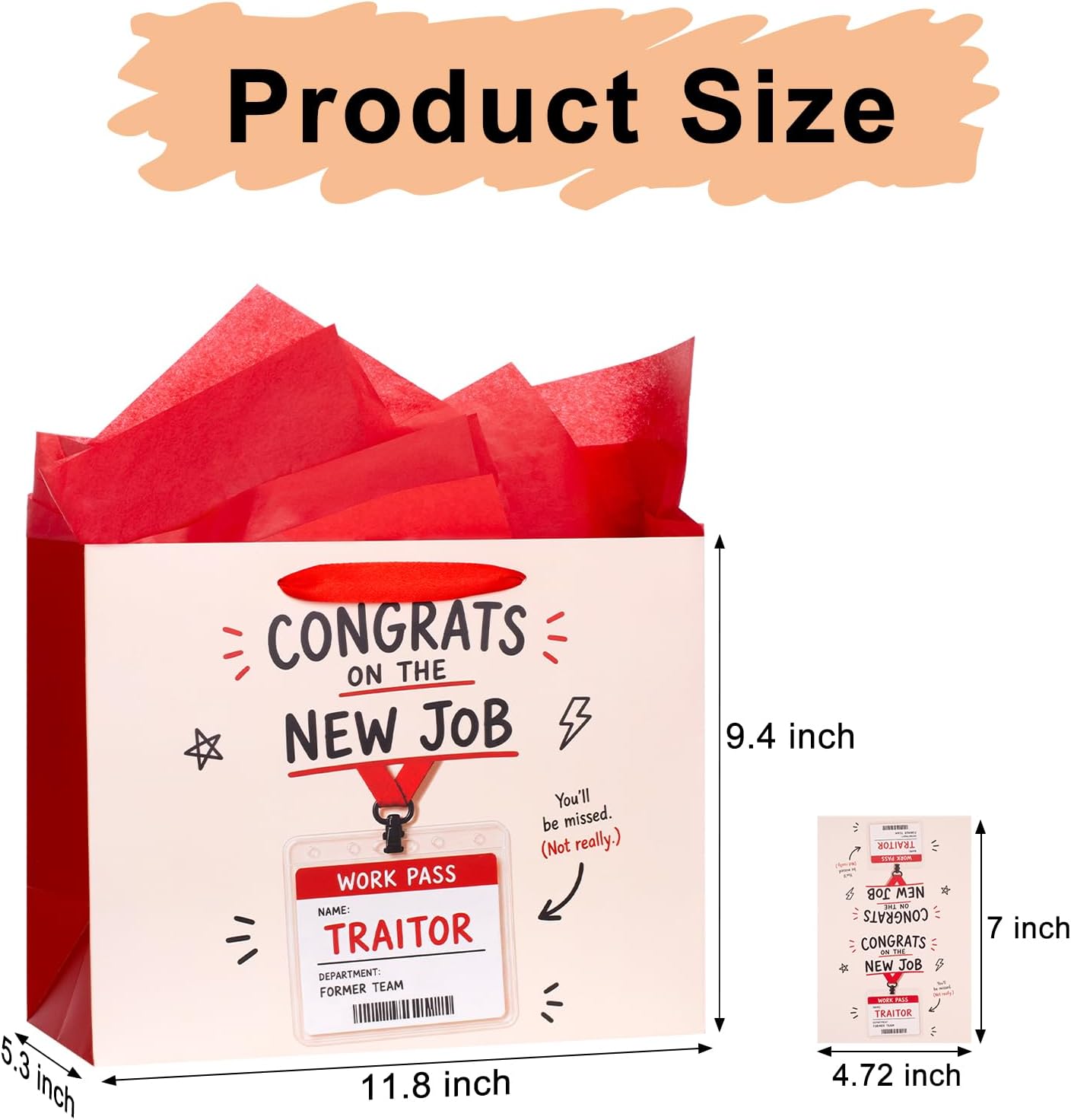 bigniuzi Medium Congrats on New Job Gift Bag Coworker Leaving Farewell Gift Bag with Tissue Paper and Greeting Card for Coworkers Going Away Gifts for Men Women Red image 5