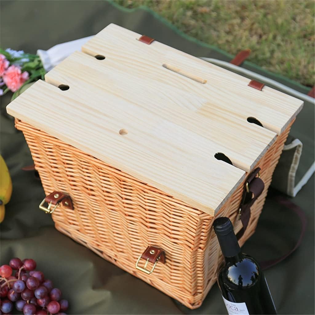 Rattan Picnic Basket Set with Shoulder Strap - Portable Insulated Outdoor Picnic Box with Cover & 4-Piece Camping Tableware