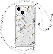 Vauki Glitter Cover with Lanyard for Apple iPhone 13 6.1 Inches, Soft Silicone Cases Marble Platinum Design, Hard PC Bumper Shockproof Case with Adjustable Strap for iPhone13, Marble 3