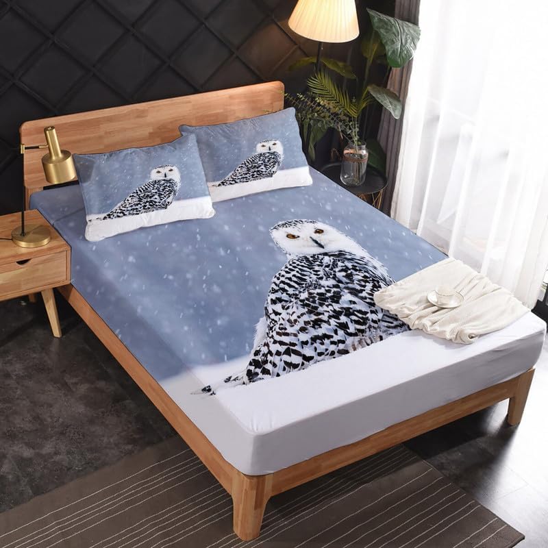 Miniatura 3 de Juego de sábanas de búho tamaño California King, sábanas y fundas de almohada de copo de nieve, lujosa 100% microfibra, estampado de alto número de