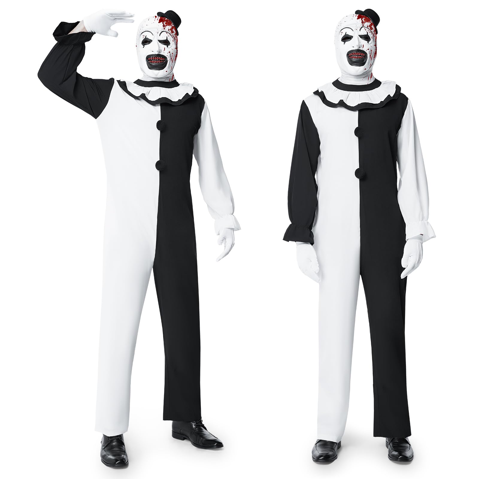 Kostium męski z horroru, terrifier na Halloween, kostium typu clown, zestaw z czarno-białym kombinezonem i maską z horroru terryfizera, na Halloween, karnawał
