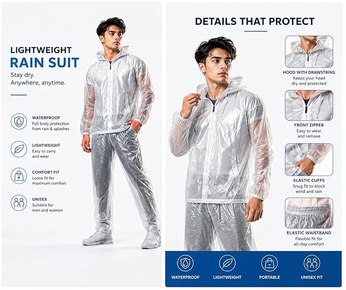 Image of Krystle Men's PVC Rainsuit with Hoods and Side Pocket, 100% Waterproof Portable Rainwear (Multicolor,Multisize)
