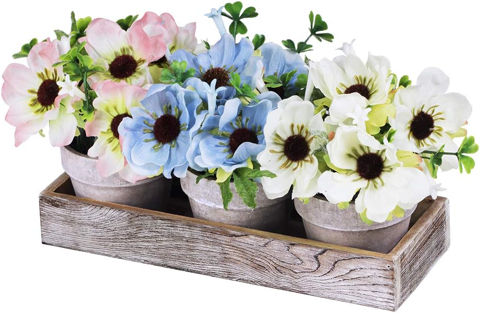 Set of 3 Artificial Flower Plants in Pots Blue White Pink Silk Flowers Mini Potted Plants Arrangement with Wood Planter Box for Summer Indoor Office Apartment Tabletop Décor Wedding Center