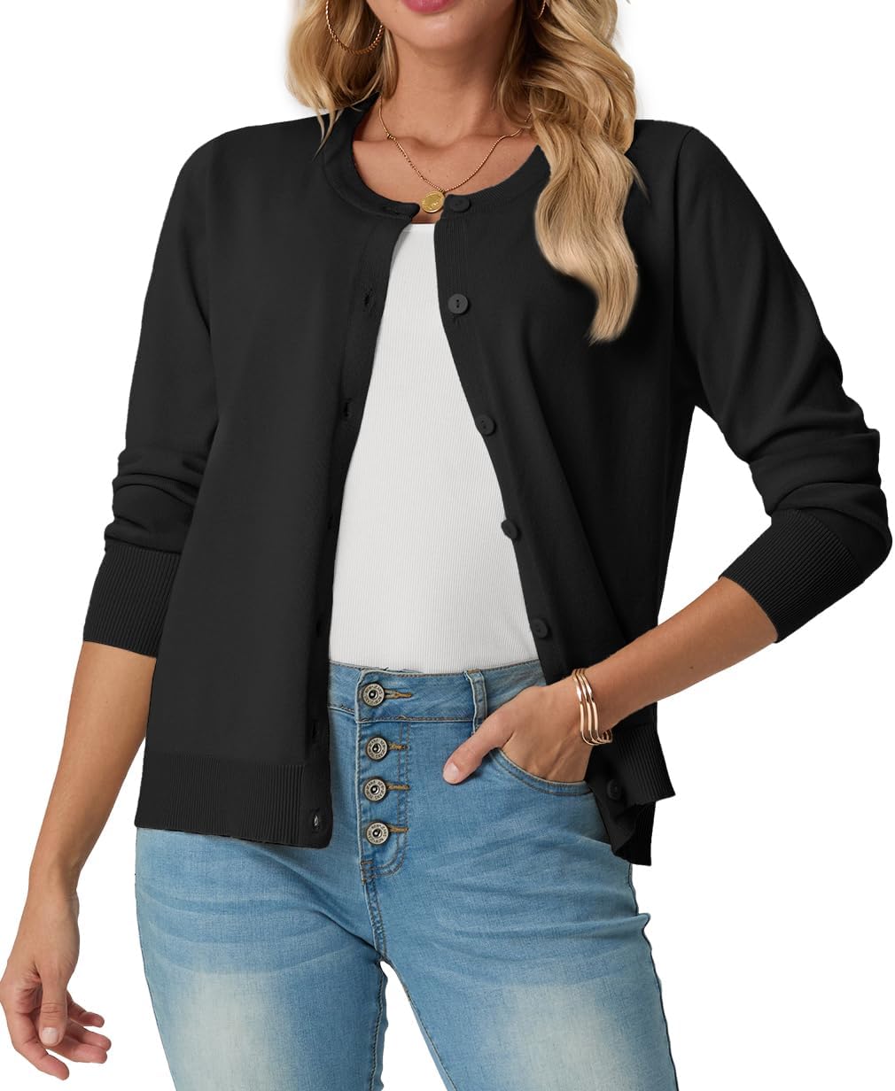 GRECERELLE Women's Lightweight Button Down Long Sleeve Crewneck Cardigan Sweater