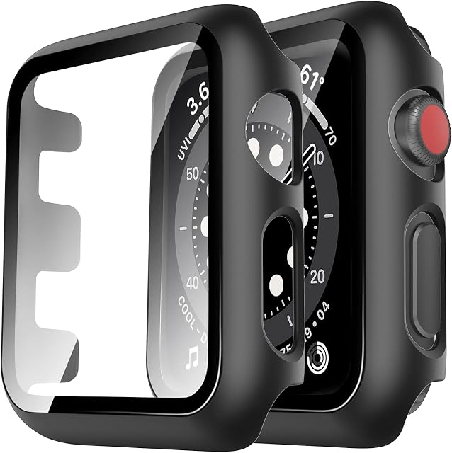 TAURI 2 Pack Hard Case Compatible for Apple Watch Series 3/2/1 42mm with 9H Tempered Glass Screen Protector, [Touch Sensitive] [Full Coverage] Slim Bumper Protective Cover for iWatch 42mm - Black