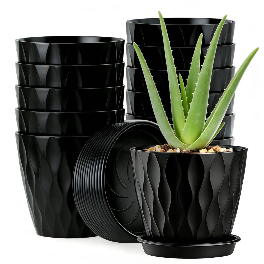 Weciau Plant Pots Indoor, 12Pack 10cm Flower Pots with Drainage Holes and Saucers, 3D Wave Pattern House Plant Pots for Flowers Herbs Succulents Cactus (Black)