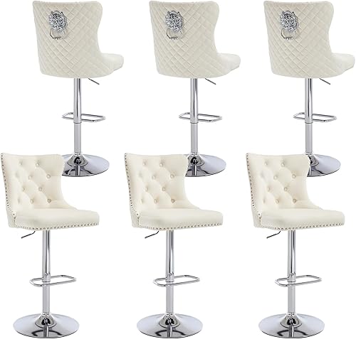 Miniatura 119 de Juego de 4 taburetes de bar giratorios ajustables de terciopelo con respaldo copetudo, ribete de cabezas de clavos y anillo de tracción, sillas de