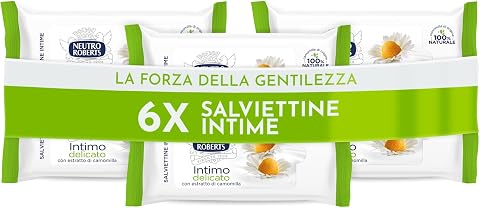 Neutro Roberts, Salviette per Igiene Intimo, Salviettine per l'Igiene Intima con Camomilla, 100% Naturale, Adatto a Pelli Sensibili, Per Donne e Bambini, Confezione da 6 Pezzi, 12 Salviettine Ciascuno