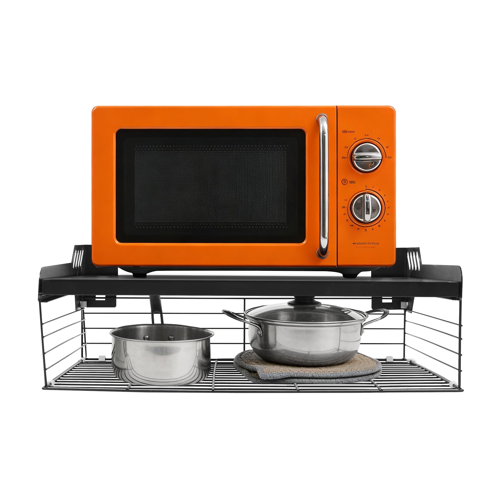 Mikrowellenregal Wandmontage ohne Bohren, 55x35x20cm Kohlenstoffstahl Küchenregal mit 33 lbs Tragfähigkeit, schwarzes Wandregal für Mikrowelle, Toaster, Backzubehör – bohrfreie Montage