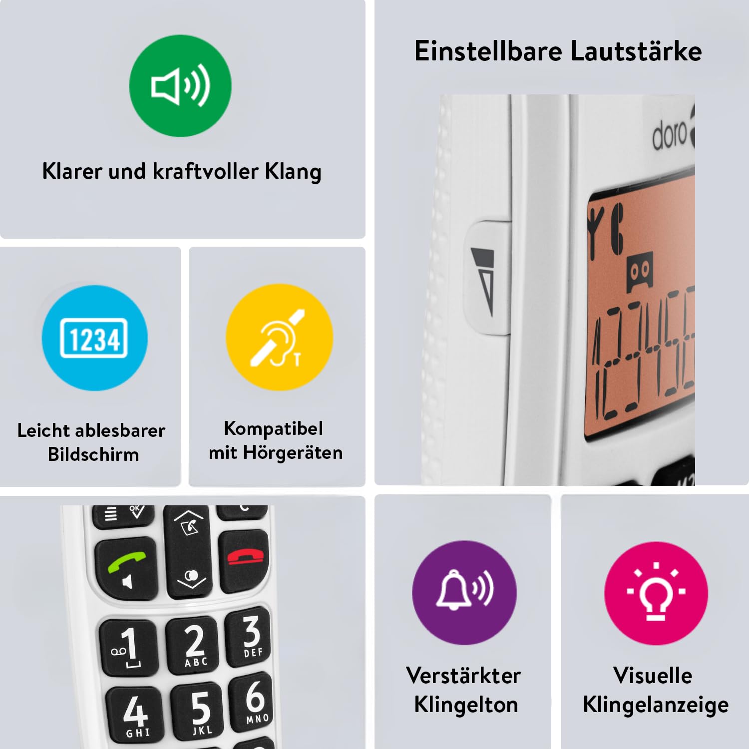 DORO - Doro PhoneEasy 100w - Schnurloses Festnetztelefon - Große Displayanzeige - Extra große Tasten - Freisprechfunktion - Lauter Klingelton - Lautstärkeregler - Weiß