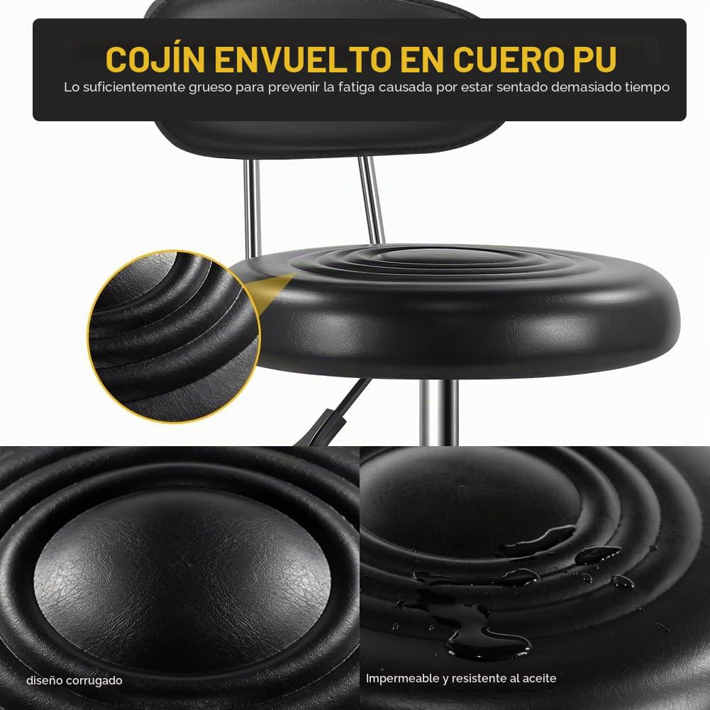 Taburete giratorio con ruedas, silla giratoria con altura ajustable, de piel sintética, ideal para spa, salón, hogar, oficina, trabajo de dibujo (negro)