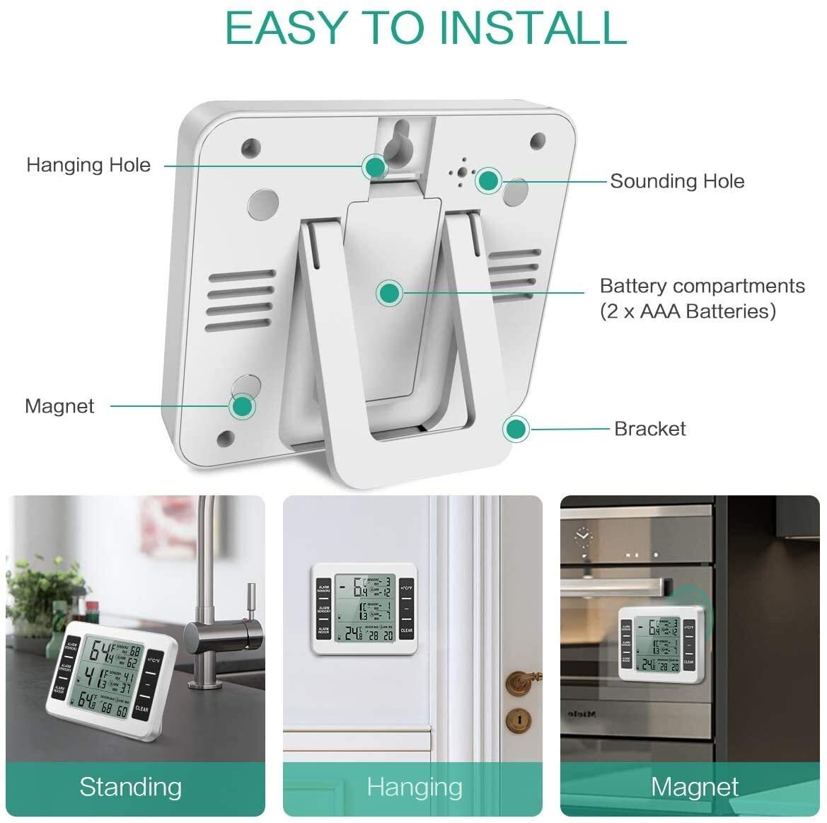 XMING Termometro Digitale congelatore con Monitor a Temperatura Interna e 2 sensori Wireless, termometro Frigorifero con 3 Allarme udibile, Record min/Max per la casa, ECC.