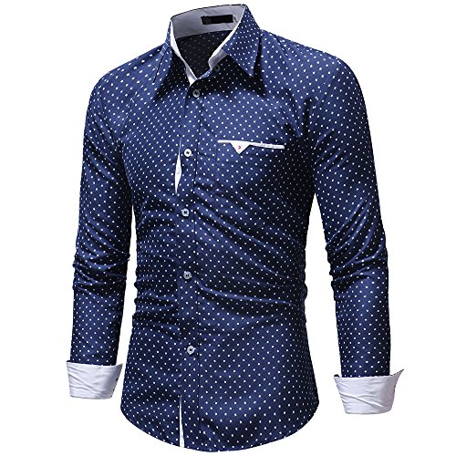 VEKDONE Mens Casual Long Sleeve Dress Shirts Polka Dots Printed Slim Fit Cotton Business Button Down Shirts Regular Fit(Blue,Large)