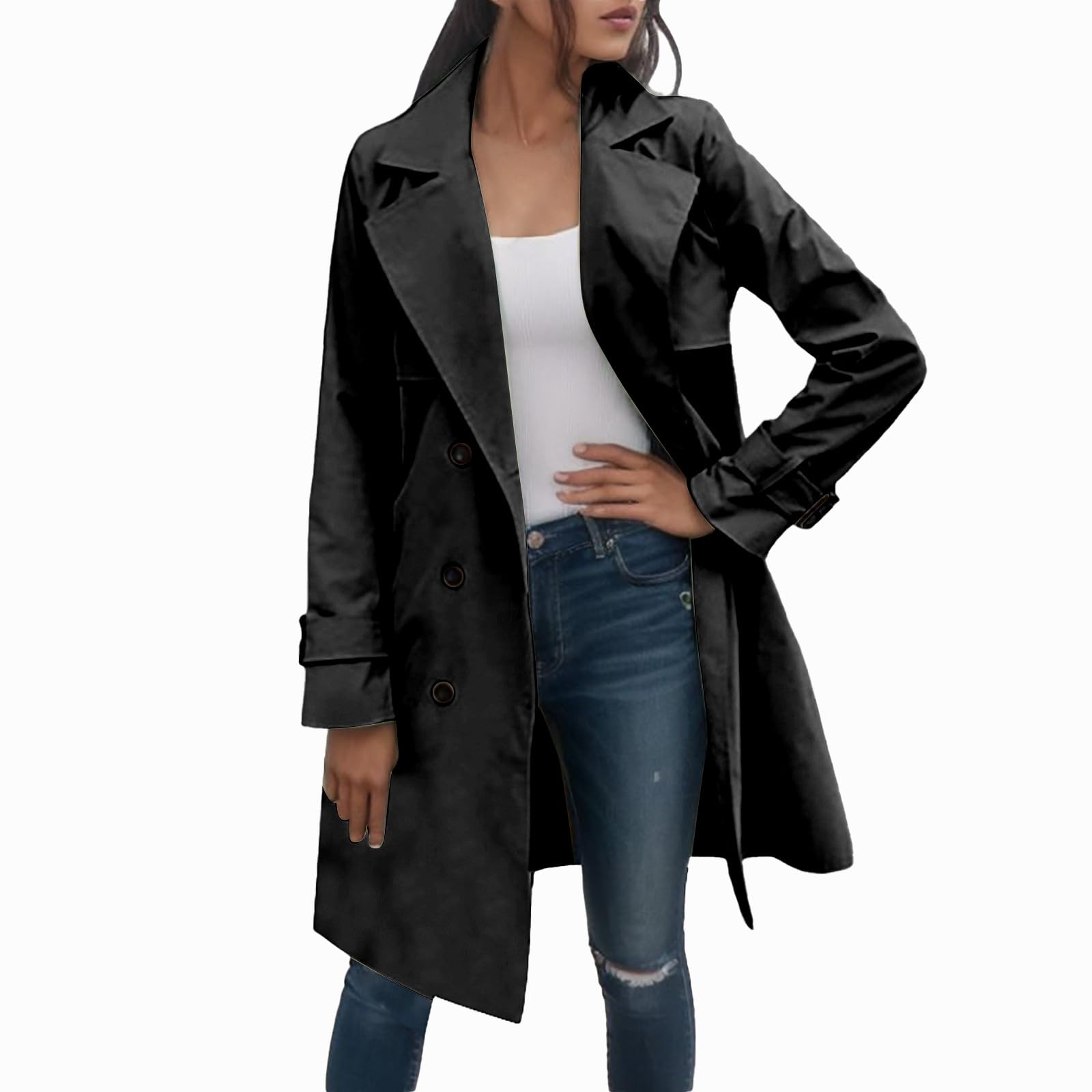 Generisch Trench - Giacca a vento da donna, tinta unita, sottile, doppiopetto con cintura, largo, casual, antivento