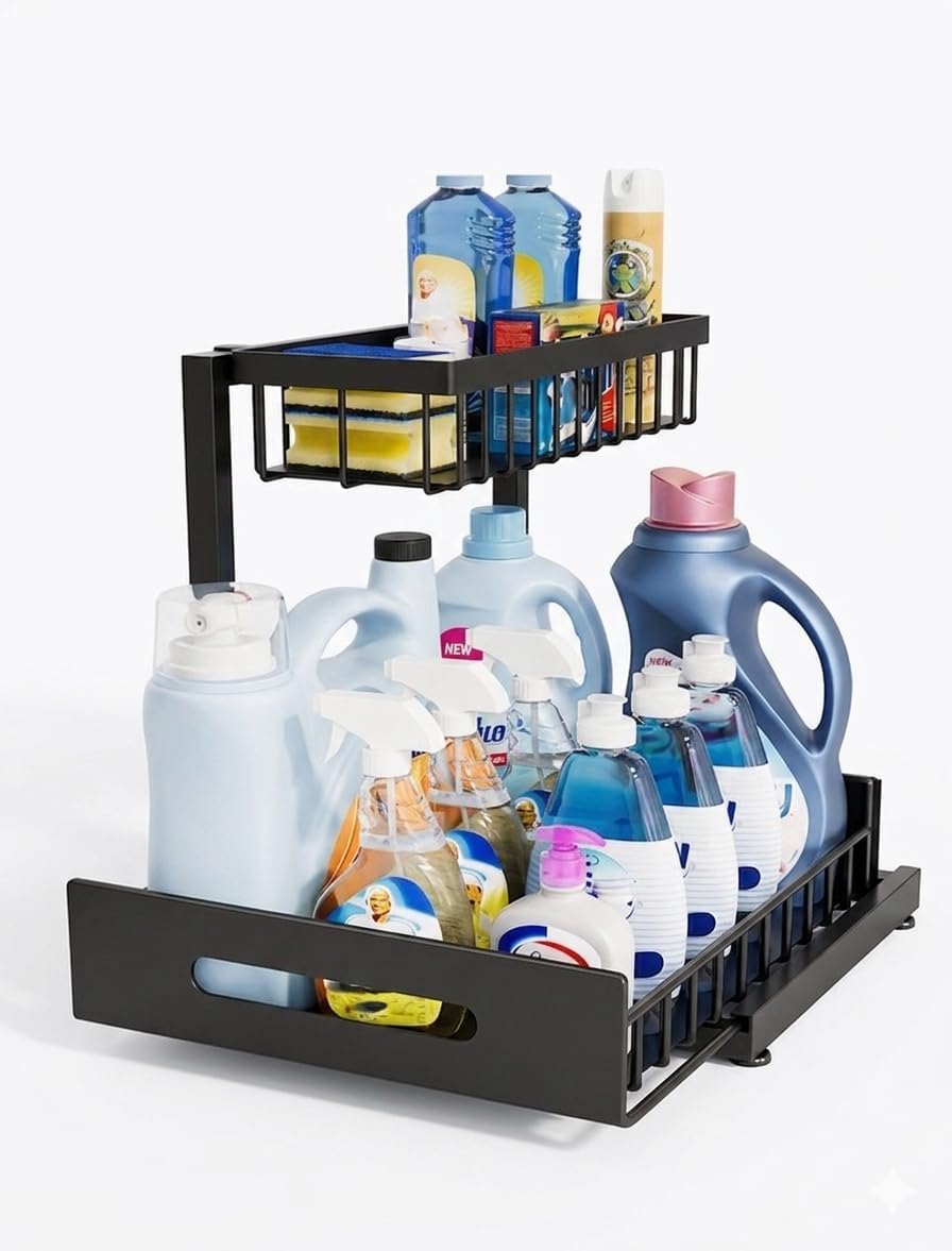 2-Tier Pull-Out Under Sink Organizer designed for kitchen, bathroom, or laundry room storage.