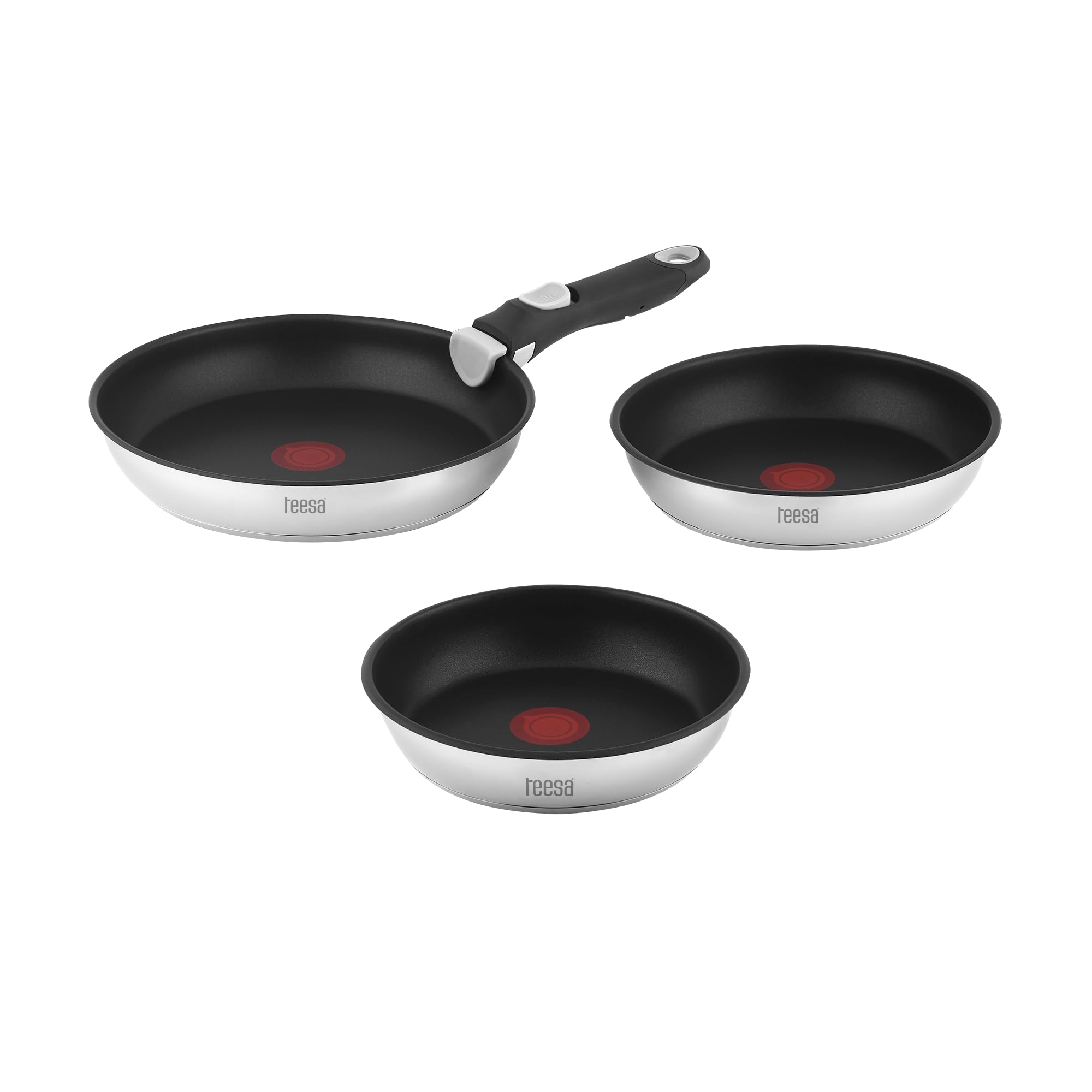 Teesa Zestaw 3 Patelni z Odłączaną Rączką 22cm 24cm 28 cm Tytanowa Powierzchnia FRYING PANS SINGLE HAND Stal Nierdzewna Typ 304 Wszystkie Rodzaje Kuchenek TSA0155