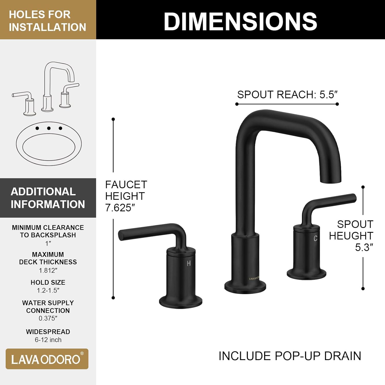 Lava Odoro Black Bathroom Faucet 3 Hole, 8 Inch Widespread Faucet Matte Black 2 Handle Bathroom Sink Faucet with Drain Assembly Supply Line, BF503-MB